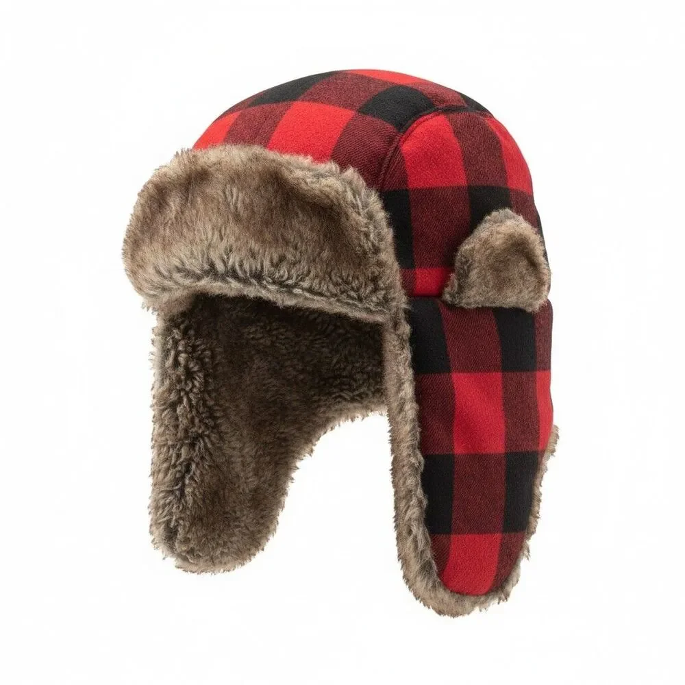 Checkered Fur Ushanka Red/ Black Fur Trappers Hat One Size Unisex